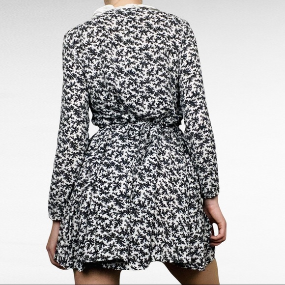 Black & White Florals Ruffled Collar Belted Preppy Retro Style Long Sleeve Dress - Picture 4 of 6